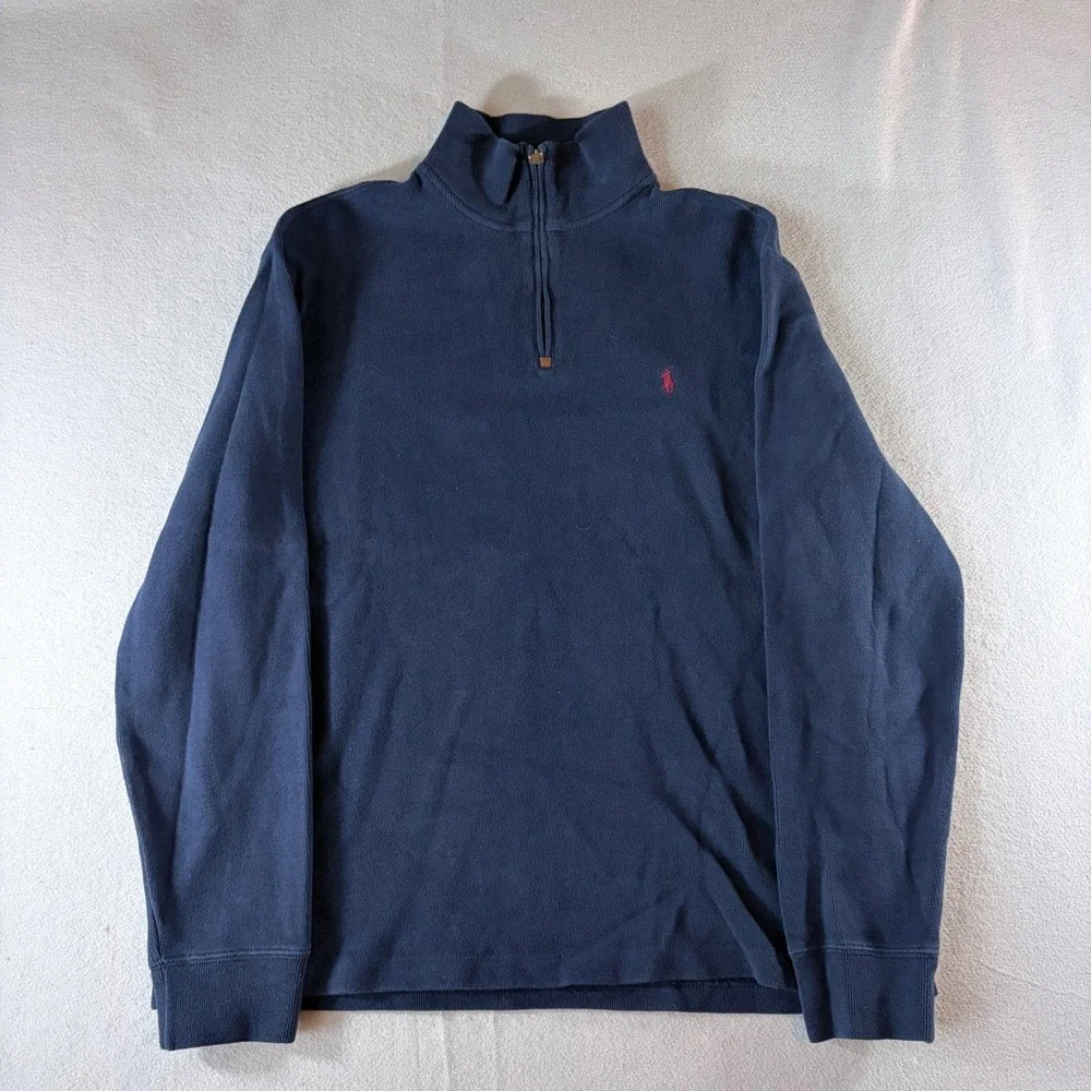 Polo Ralph Lauren Mens Large Navy Blue 100% Cotton Quarter Zip Pullover Sweater